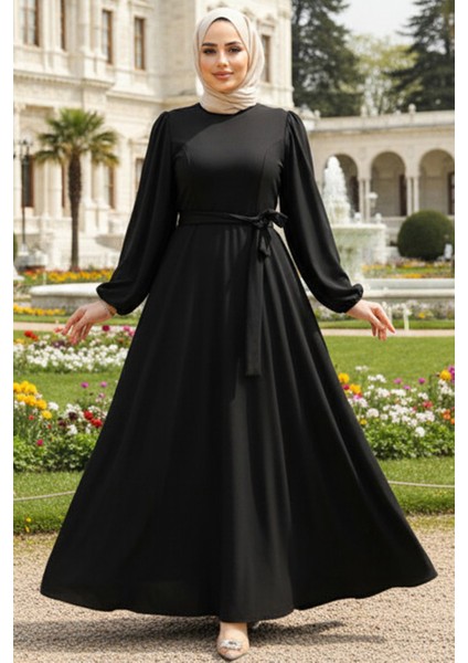 Kemerli Siyah Tesettür Elbise 23101S fiyatları