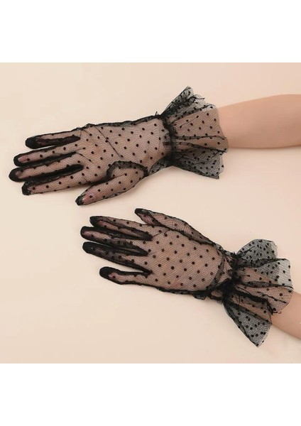 Kısa Boy Güpürlü Siyah Puantiyeli Tül Eldiven Siyah Renk (5224) modelleri
