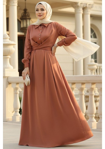 Düğme Detaylı Kiremit Tesettür Saten Elbise 45661KRMT fırsatları
