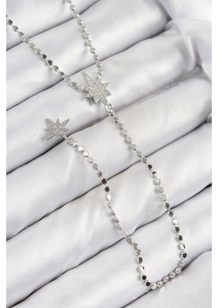 Pirinç Zirkon Taşlı Ezme Zincirli Kutup Yıldızı Model Gümüş Renk Y Kolye