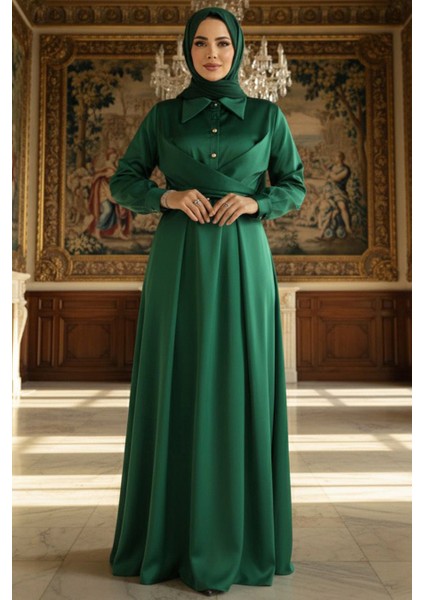 Düğme Detaylı Yeşil Tesettür Saten Elbise 45661Y modelleri
