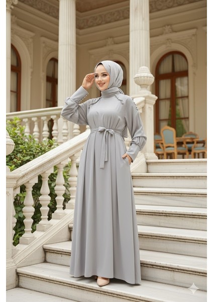 Kemerli Açık Gri Tesettür Elbise 33014AGR fiyatları