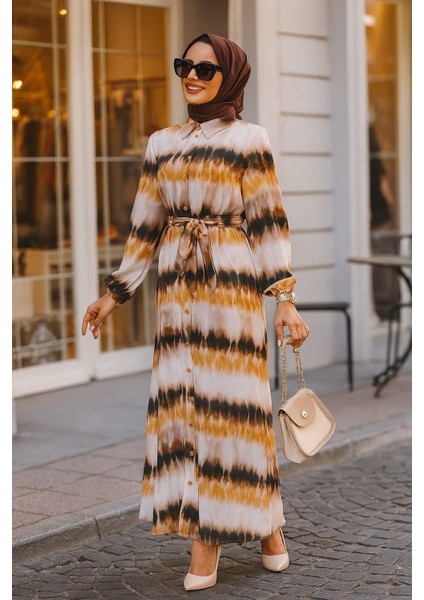 Desenli Kahverengi Tesettür Elbise 23551KH fırsatları
