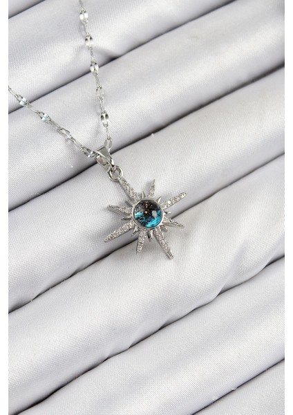 316L Çelik Zirkon Taşlı Kutup Yıldızı Model Gümüş Renk Kadın Kolye