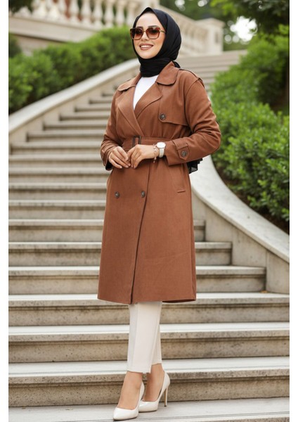 Kemerli Süet Kahverengi Tesettür Trençkot 72091KH fırsatları