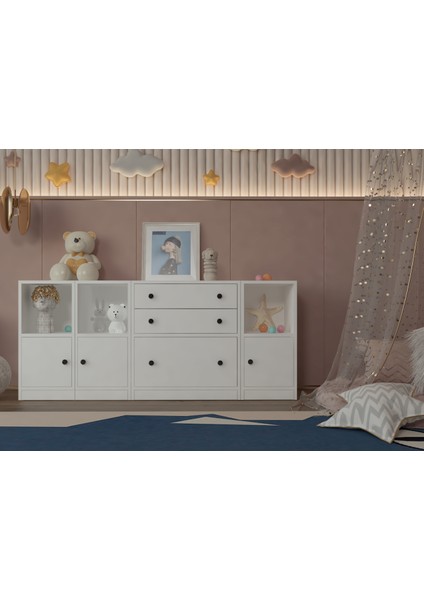 Modüler Açık Raf + Çekmece + Kapaklı Ünitem – Oyuncak ve Bebek Dolabı, BEYAZ-NRG-OBA-1002 fiyatları