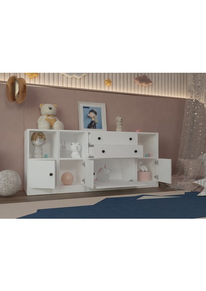 Modüler Açık Raf + Çekmece + Kapaklı Ünitem – Oyuncak ve Bebek Dolabı, BEYAZ-NRG-OBA-1002 modelleri