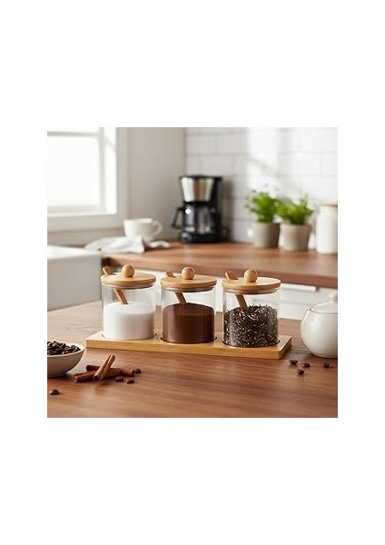 Deconox Bambu Standlı 3'lü Cam Baharatlık, Borasilikat, Baharat Seti - Şık ve Fonksiyonel Bambu Sta