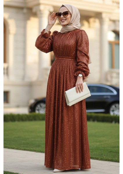 Payetli Koyu Kiremit Tesettür Abiye Elbise 44961KKRMT