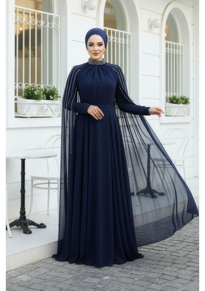 Pelerin Detaylı Lacivert Tesettür Abiye Elbise 47381L indirimleri