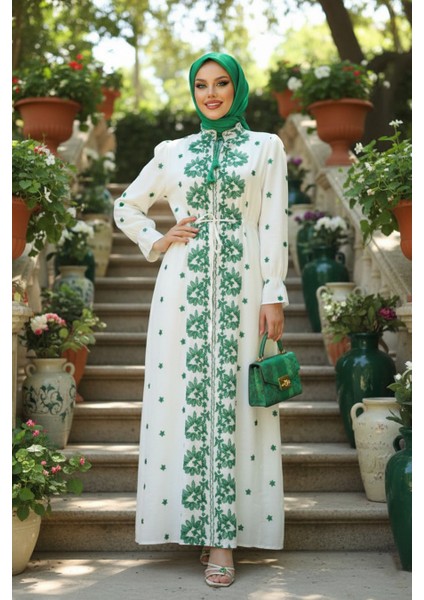 Desenli Zümrüt Yeşili Tesettür Elbise 13503ZY indirimleri