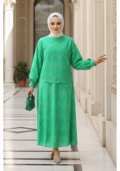 Güpürlü Zümrüt Yeşili Tesettür Etekli Ikili Takım 14181ZY fırsatları