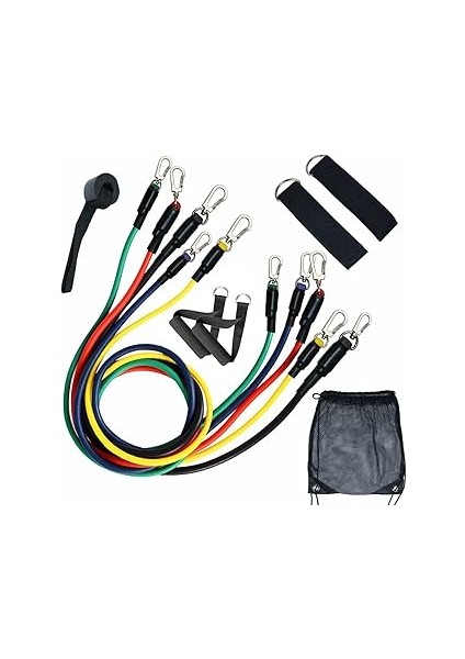 11 Parça Lateks Spor Seti Egzersiz Bandı Ekipmanları Çekme Halatı Egzersiz Seti