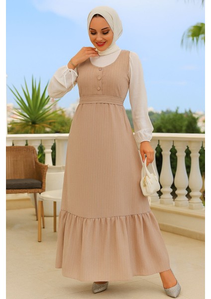 Çizgili Bej Tesettür Jile Elbise 70501BEJ
