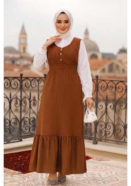 Çizgili Kahverengi Tesettür Jile Elbise 70501KH indirimleri