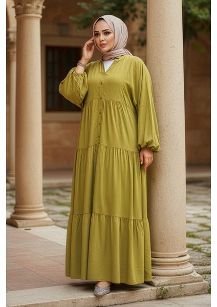 Kat Piliseli Yağ Yeşili Tesettür Elbise 20612YY fırsatları