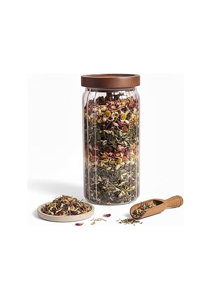 Deconox Akasya Kapaklı Çizgili Cam Kavanoz (1000ML /1 Litre) | Hava Geçirmez, Fitilli Tasarı