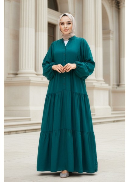 Kat Piliseli Zümrüt Yeşili Tesettür Elbise 20612ZY indirimleri