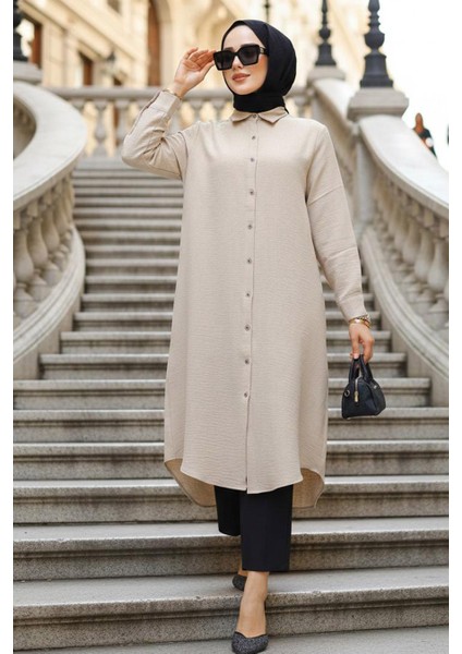 Düğmeli Bej Tesettür Tunik 10784BEJ indirimleri