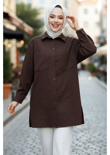 Düğmeli Kahverengi Tesettür Puane Gömlek 10564KH modelleri