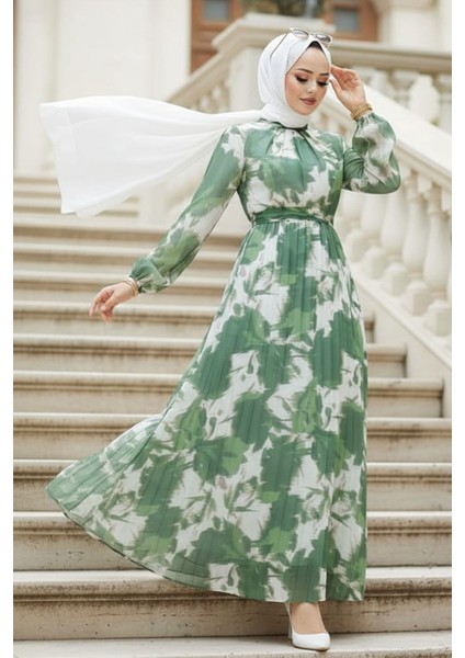 Çiçek Desenli Haki Tesettür Elbise 344602HK fırsatları