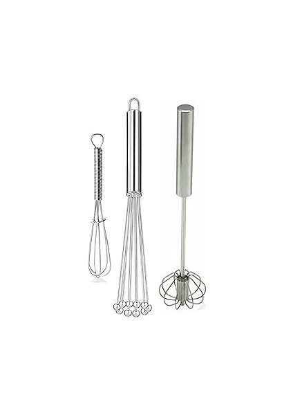Aee® 3'lü Paslanmaz Çelik Çırpıcı Seti Boncuk Uçlu Basmalı Dönen Yumurta Çırpıcısı