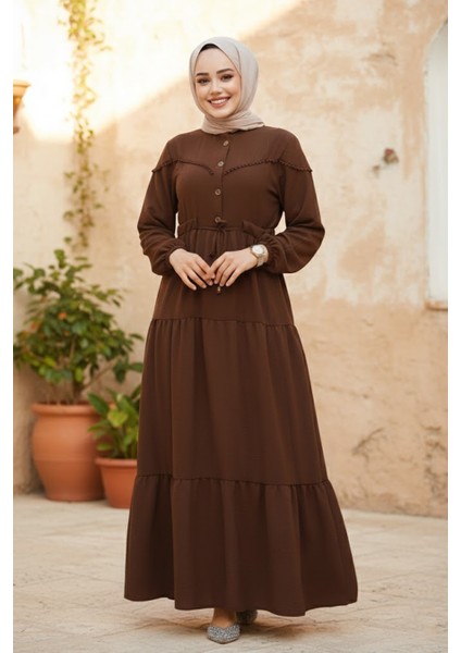 Kat Piliseli Kahverengi Tesettür Elbise 10334KH fırsatları