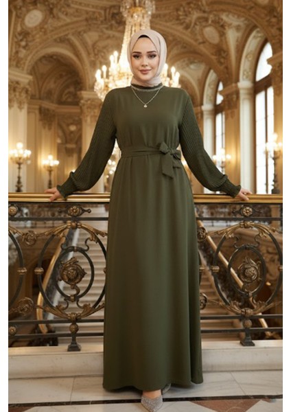 Kolları Pileli Haki Tesettür Elbise 10124HK fırsatları