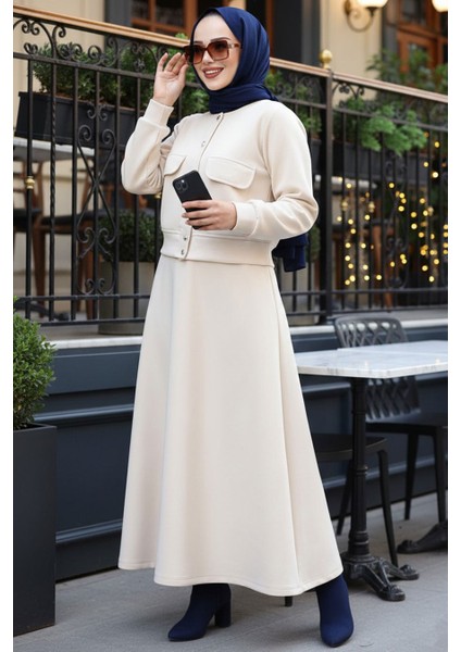Düğmeli Bej Tesettür Etekli İkili Takım 12261BEJ