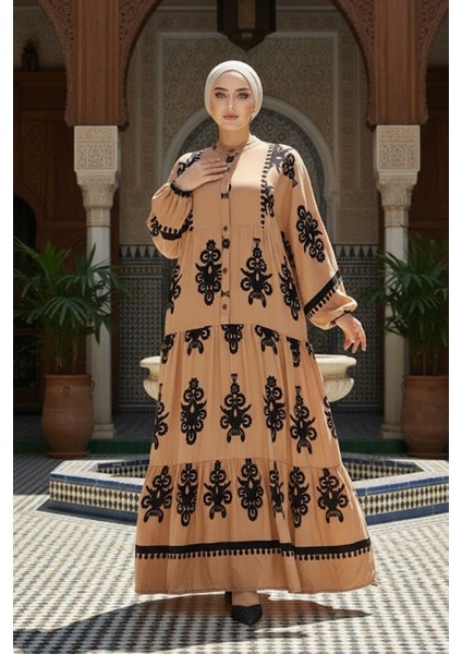 Çiçek Desenli Camel Tesettür Elbise 25491C indirimleri