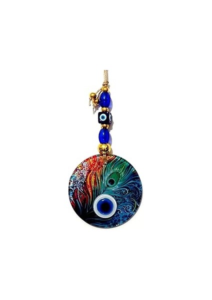 Füzyon Cam Tavus Kuşu Tüyü Desenli 12X12 cm Nazar Boncuklu 12X30 cm El Yapımı Duvar Süsü Nazarlık