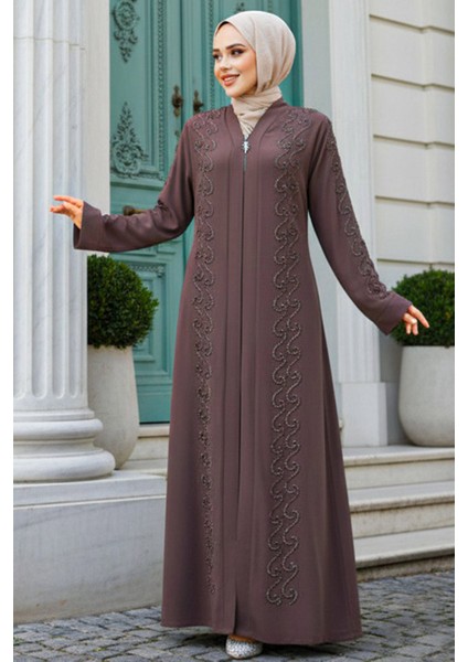 Boncuk Işlemeli Kahverengi Tesettür Ferace 29123KH modelleri