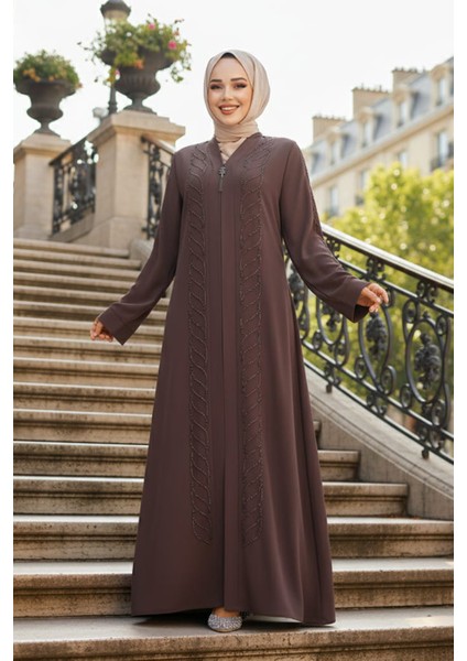 Boncuk Işlemeli Kahverengi Tesettür Ferace 29122KH fırsatları
