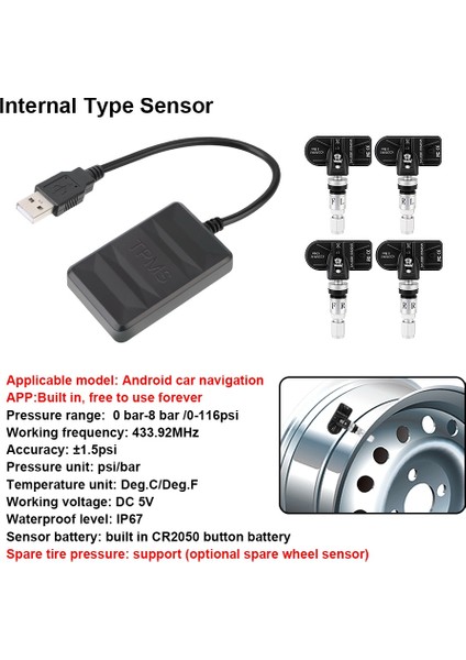 Araba Tpms Lastik Basınç Izleme Sistemi USB Android Navigasyon Lastik Basınç Algılama Dahili Lastik Basınç Sensörü (Yurt Dışından) fiyatları