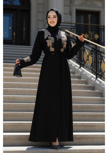 Nakış Işlemeli Siyah Bej Tesettür Ferace 29124SBEJ fırsatları