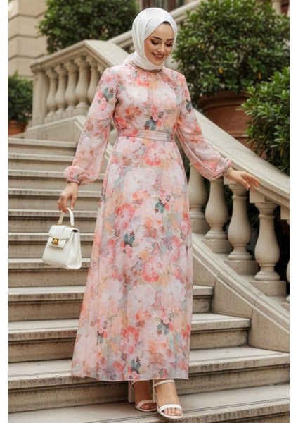Çiçek Desenli Pudra Tesettür Elbise 27985PD indirimleri