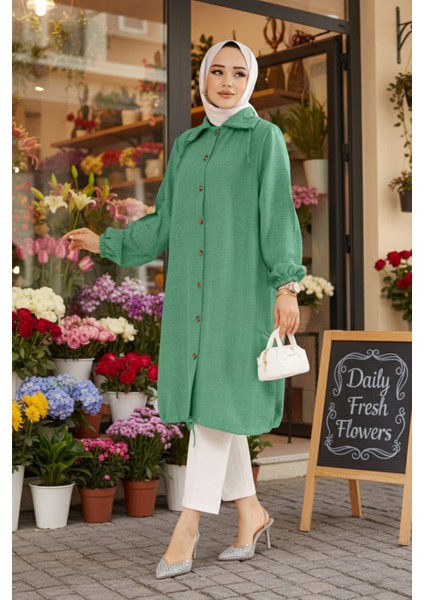 Düğmeli Yeşil Tesettür Tunik 70881Y fırsatları