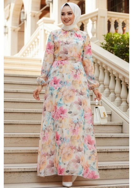 Çiçek Desenli Sarı Tesettür Elbise 27984SR indirimleri