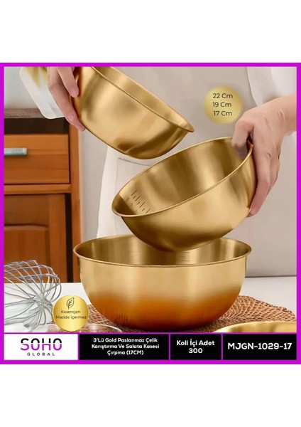 3lü Gold Paslanmaz Çelik Kase Seti