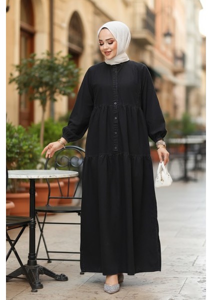 Düğmeli Antrasit Tesettür Kot Elbise 19143ANT