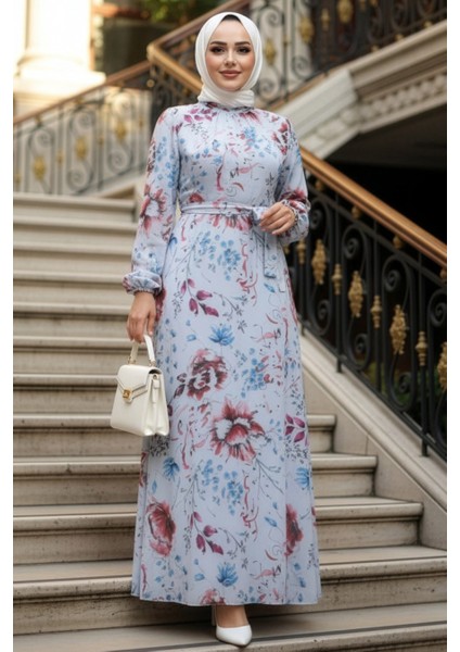 Çiçek Desenli Gri Tesettür Elbise 27963GR fırsatları