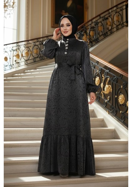 Taş Detaylı Siyah Tesettür Jakar Elbise 23891S