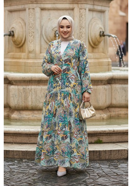 Çiçek Desenli Sarı Tesettür Elbise 235805SR modelleri