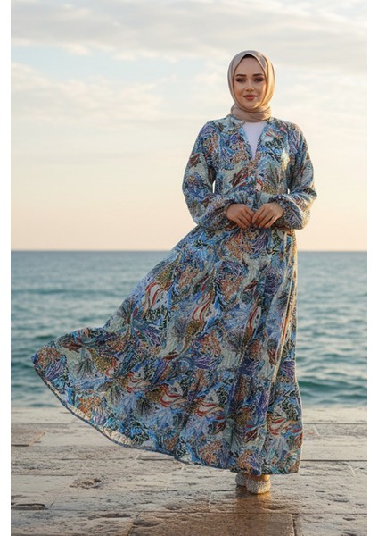 Çiçek Desenli Mavi Tesettür Elbise 235805M indirimleri