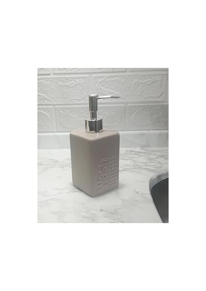 Serami̇k Sivi Sabunluk Bej 7X7X17CM 300ML Banyo Seti̇