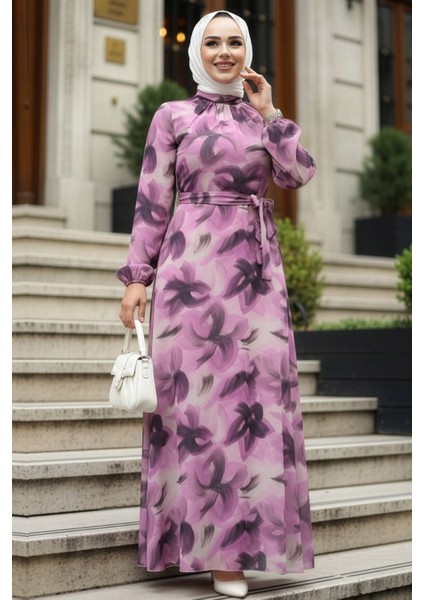 Çiçek Desenli Gül Kurusu Tesettür Elbise 279906GK indirimleri