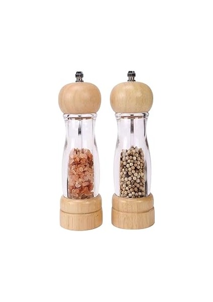 Orret 2 Adet Ahşap Kapaklı Bambu ve Akasya Ağacı Şeffaf Akrilik Tuz ve Karabiber Baharat Öğütü