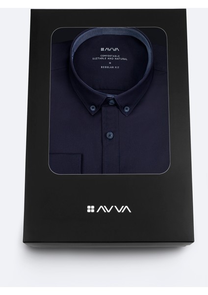 Erkek Lacivert Düğmeli Yaka Hediye Kutulu %100 Pamuk Basic Regular Fit Gömlek B002034