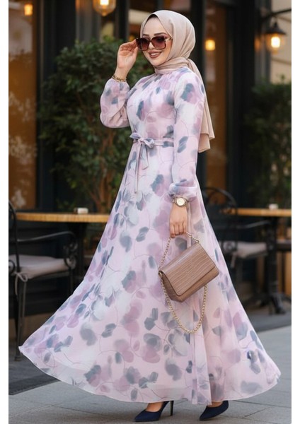 Çiçek Desenli Pudra Tesettür Elbise 279916PD fırsatları