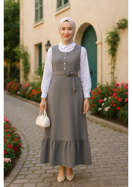 Çizgili Füme Tesettür Jile Elbise 70501FU indirimleri